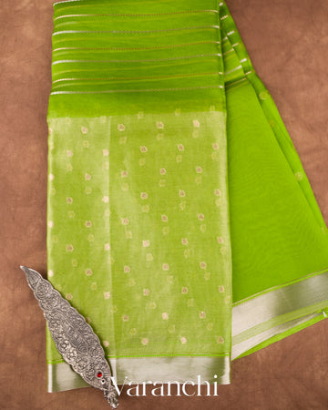  Parrot Green Tissue Pure Kora Silk Saree
