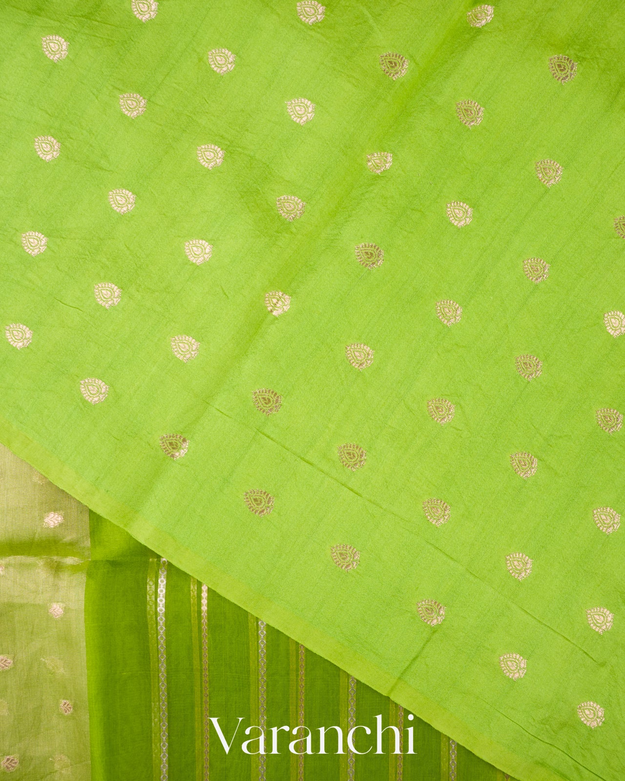  Parrot Green Tissue Pure Kora Silk Saree