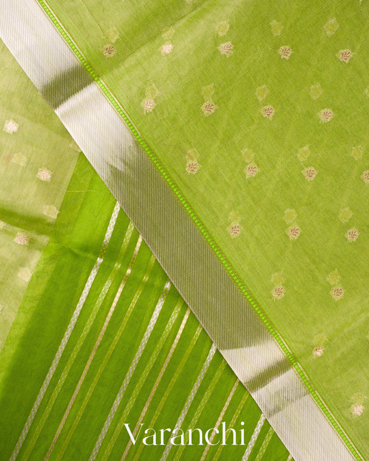  Parrot Green Tissue Pure Kora Silk Saree