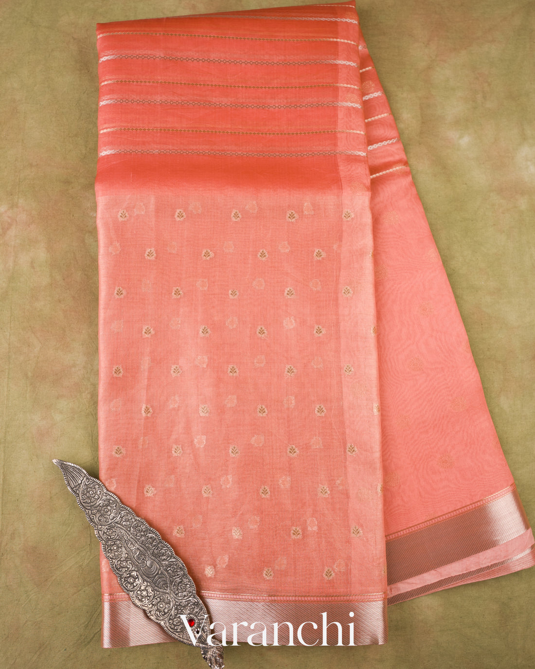 Soft Peach Tissue Pure Kora Silk Saree 