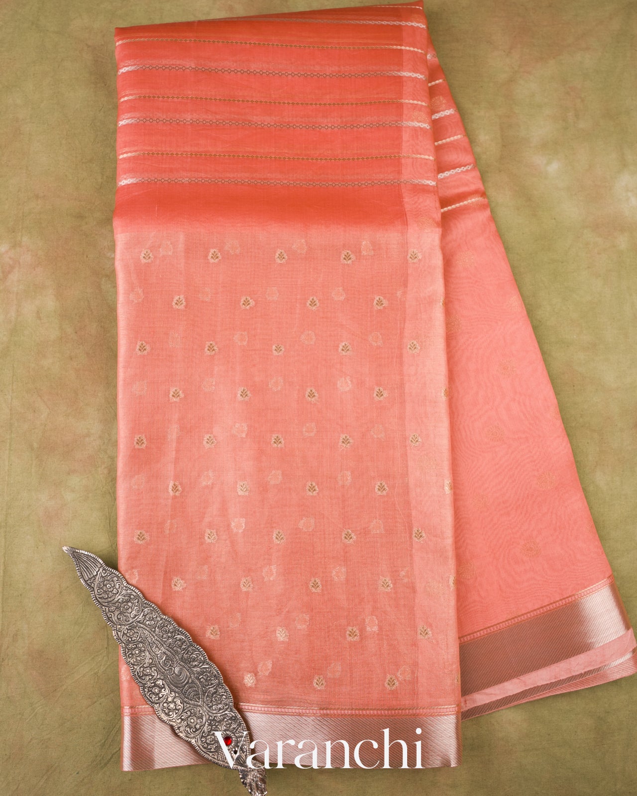 Soft Peach Tissue Pure Kora Silk Saree 