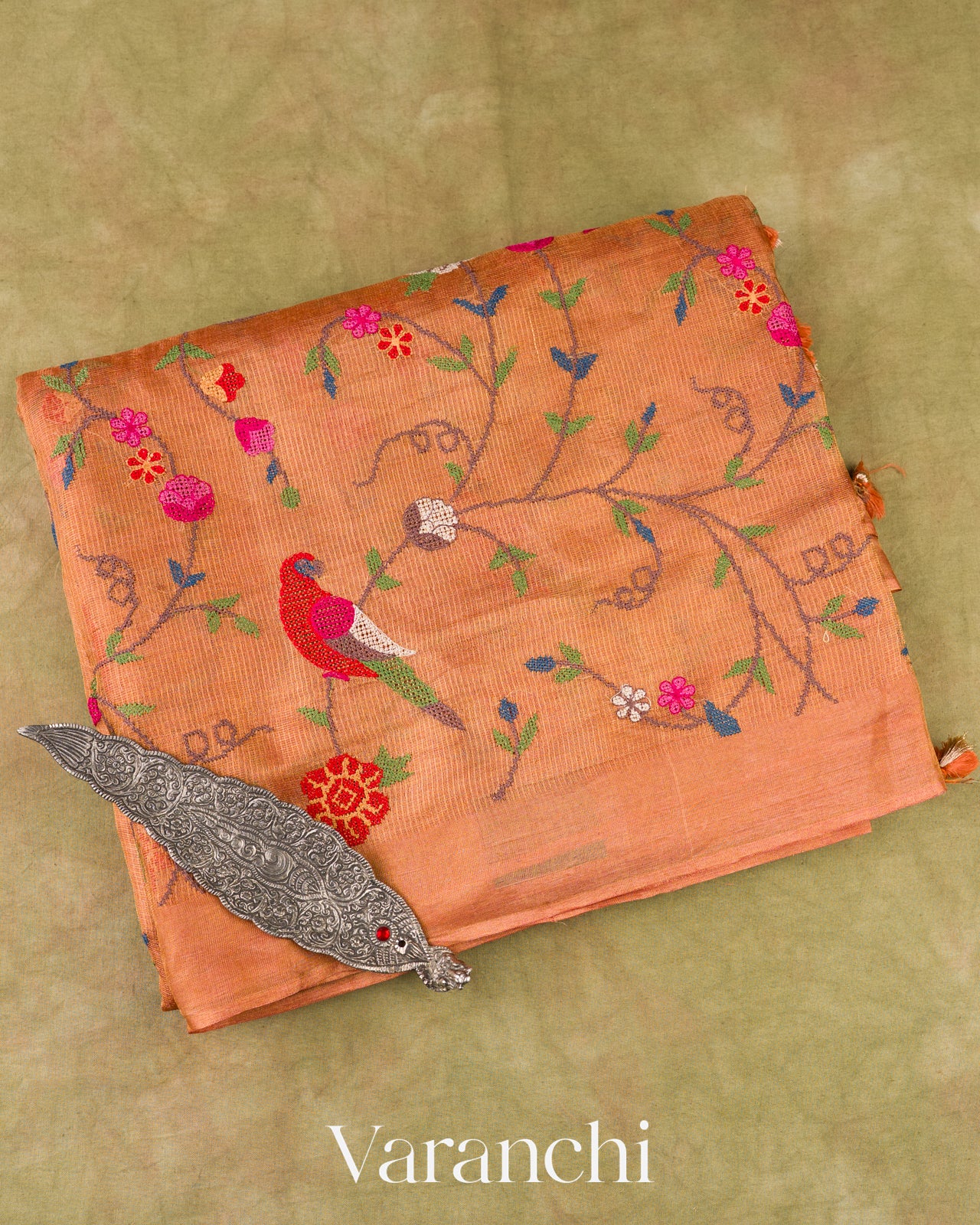 Apricot Peach  Embroidered Pure Tissue Kora Silk Saree 