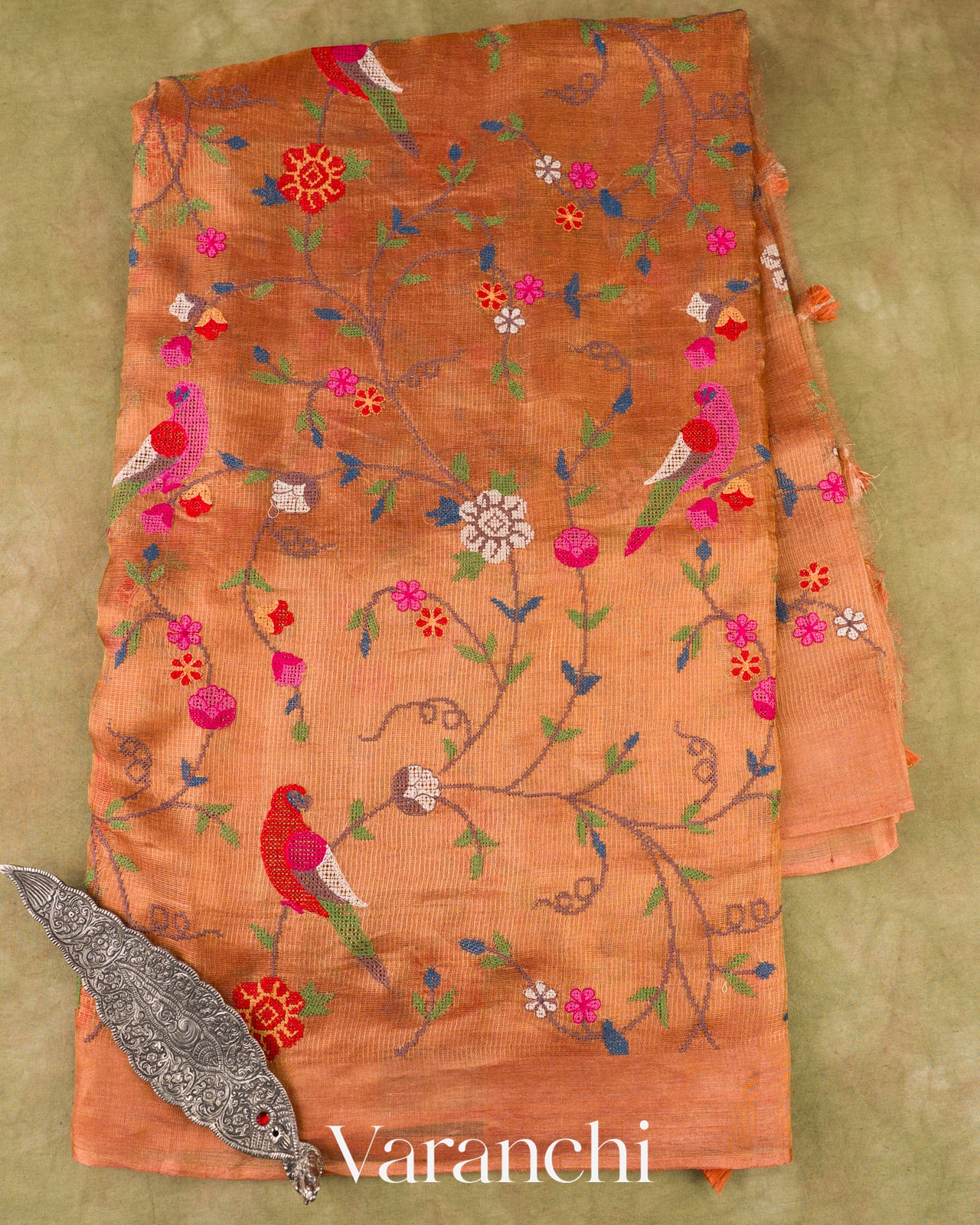 Apricot Peach  Embroidered Pure Tissue Kora Silk Saree 