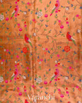 Apricot Peach  Embroidered Pure Tissue Kora Silk Saree 