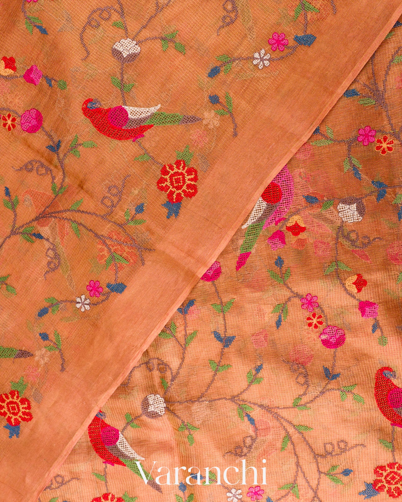 Apricot Peach  Embroidered Pure Tissue Kora Silk Saree 