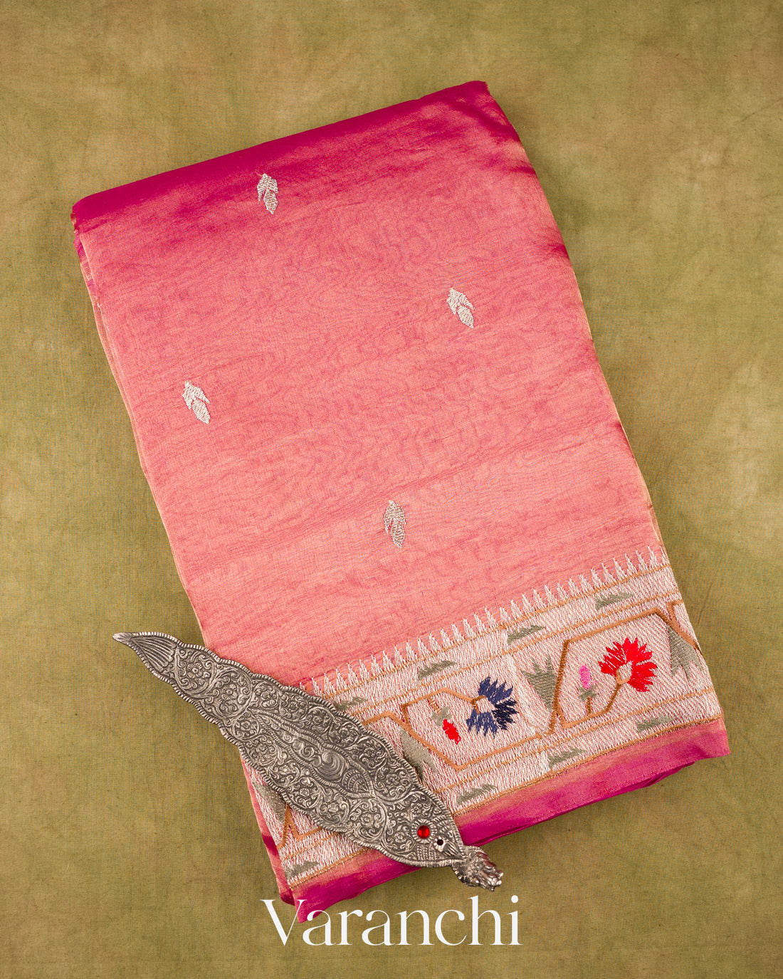 Coral Blush With Paithani Embroidered Border Pure Tissue Kora Silk Saree