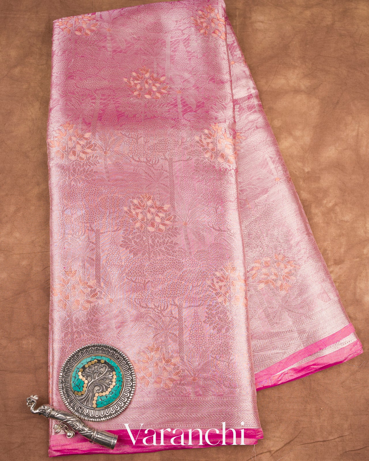 Pink Jacquard Pure Kora Tissue Silk Handloom Saree