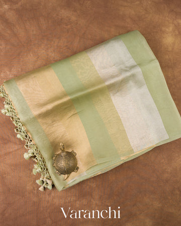 Pista Green Sona Rupa Tissue Striped Pure Kora Silk Saree
