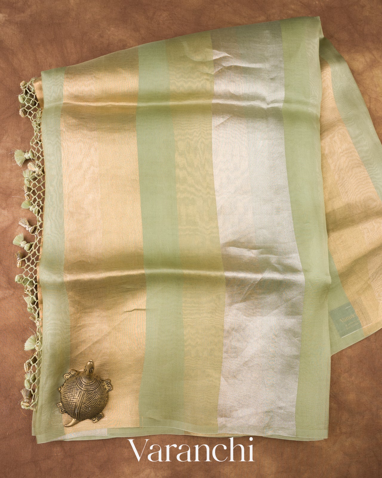 Pista Green Sona Rupa Tissue Striped Pure Kora Silk Saree