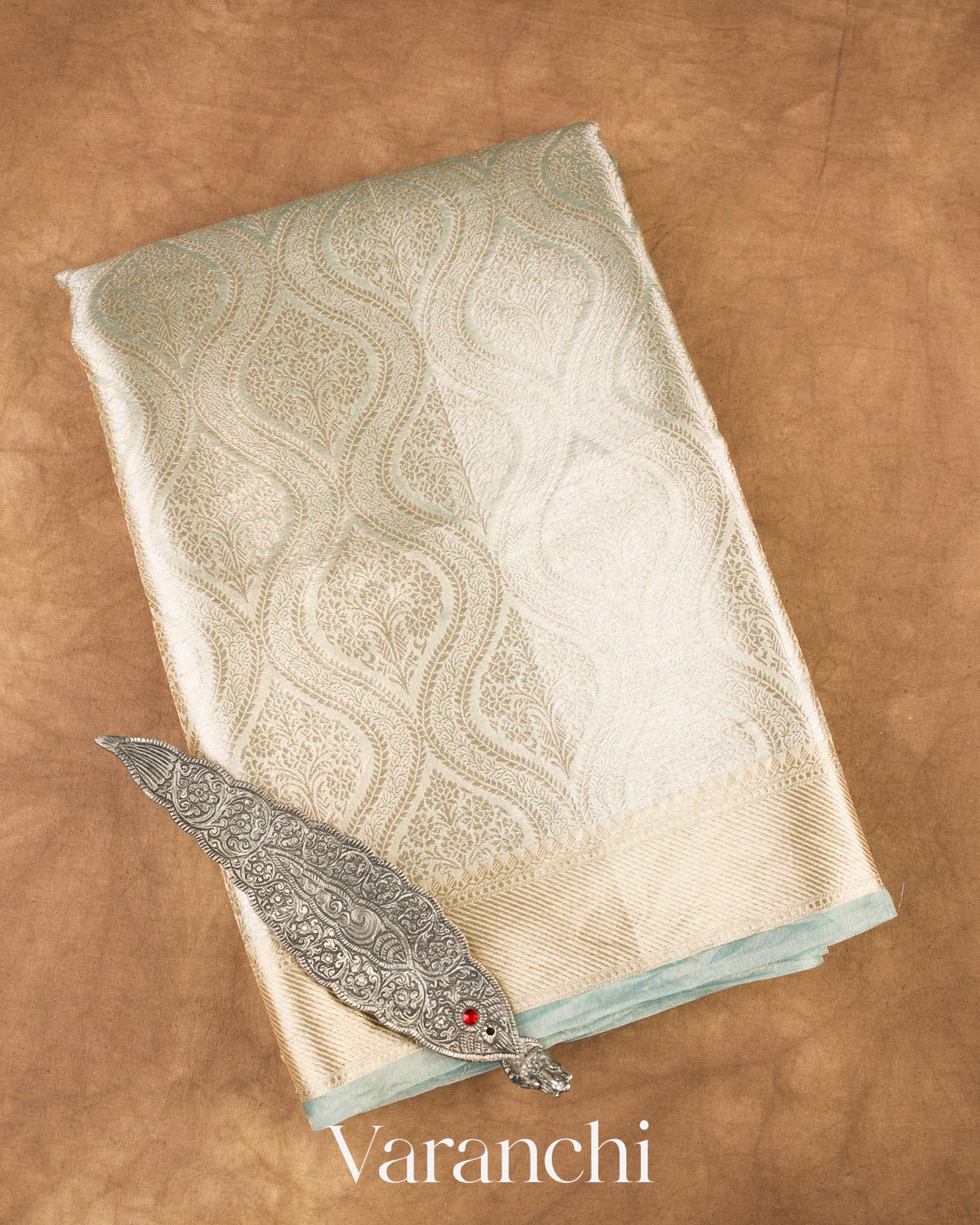 Powder Blue Heavy Brocade Pure Tissue Kora Silk Saree