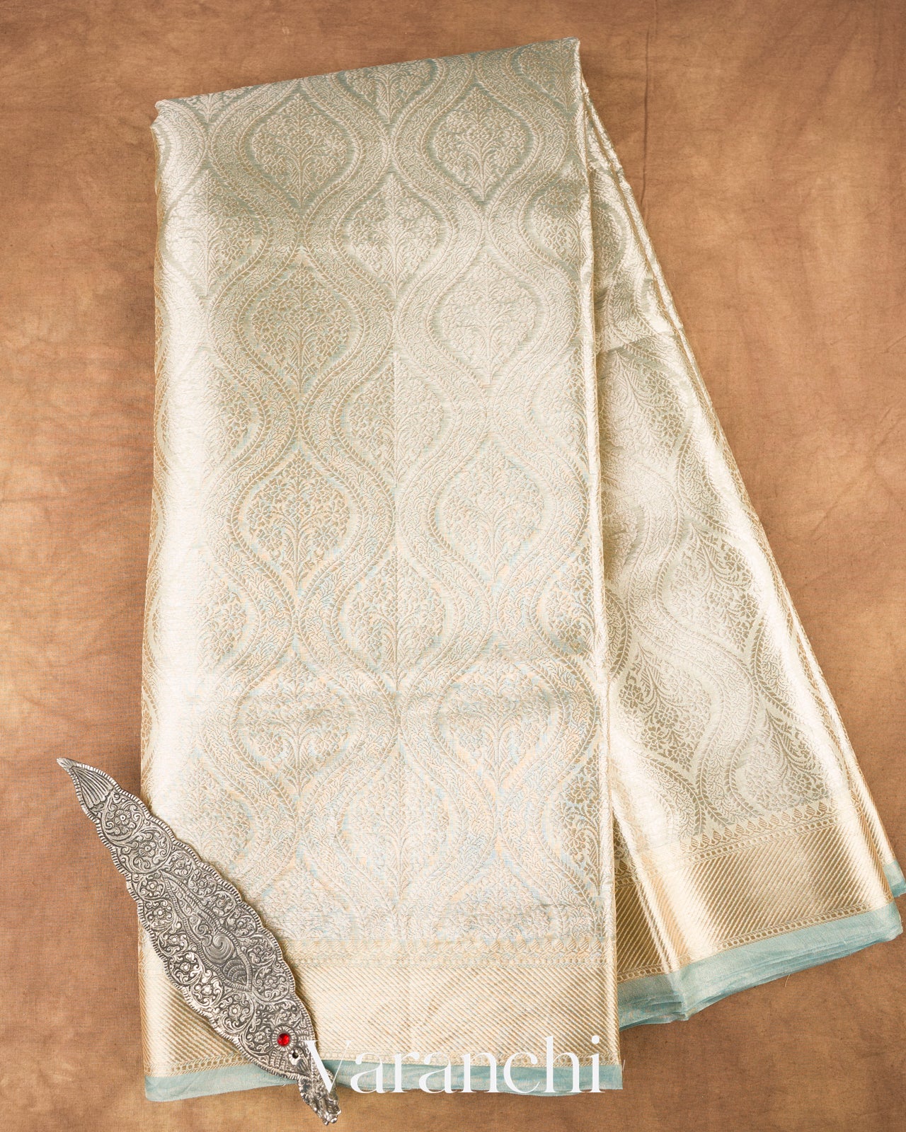 Powder Blue Heavy Brocade Pure Tissue Kora Silk Saree