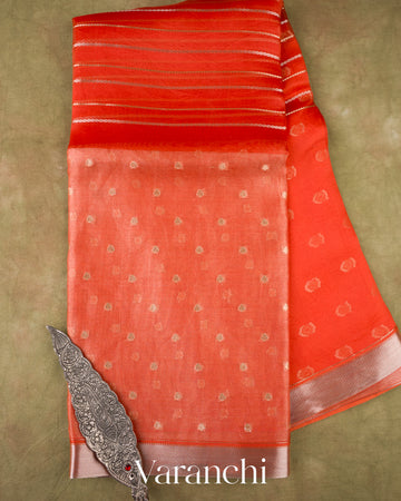 Reddish Orange Tissue Pure Kora Silk Saree 