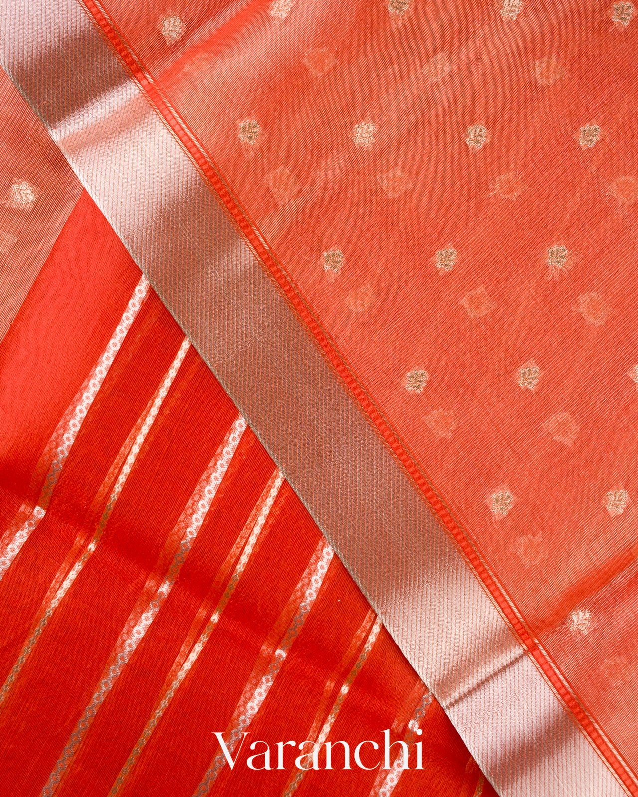 Reddish Orange Tissue Pure Kora Silk Saree 