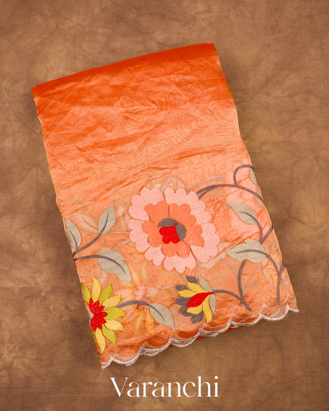 Rust Orange Floral Embroidered Pure Tissue Kora Silk Saree