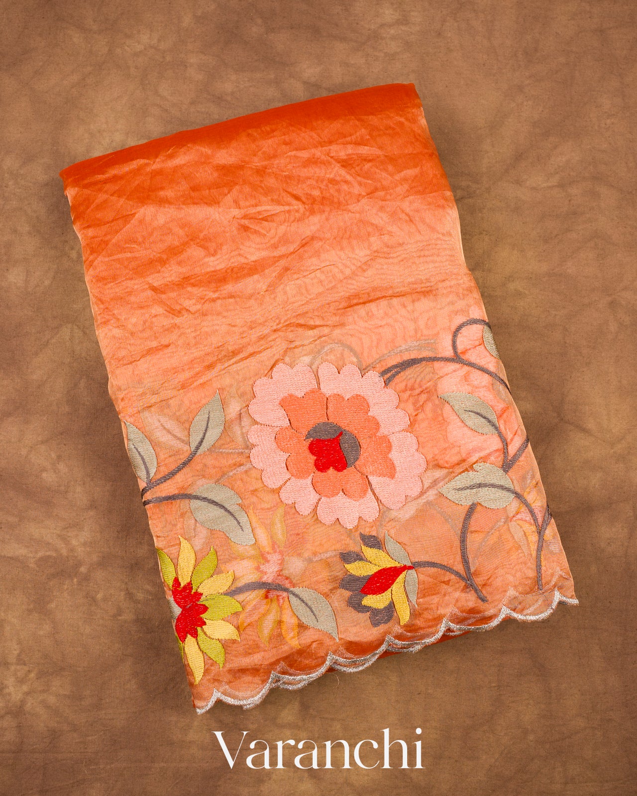 Rust Orange Floral Embroidered Pure Tissue Kora Silk Saree
