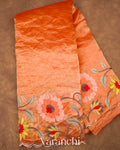 Rust Orange Floral Embroidered Pure Tissue Kora Silk Saree