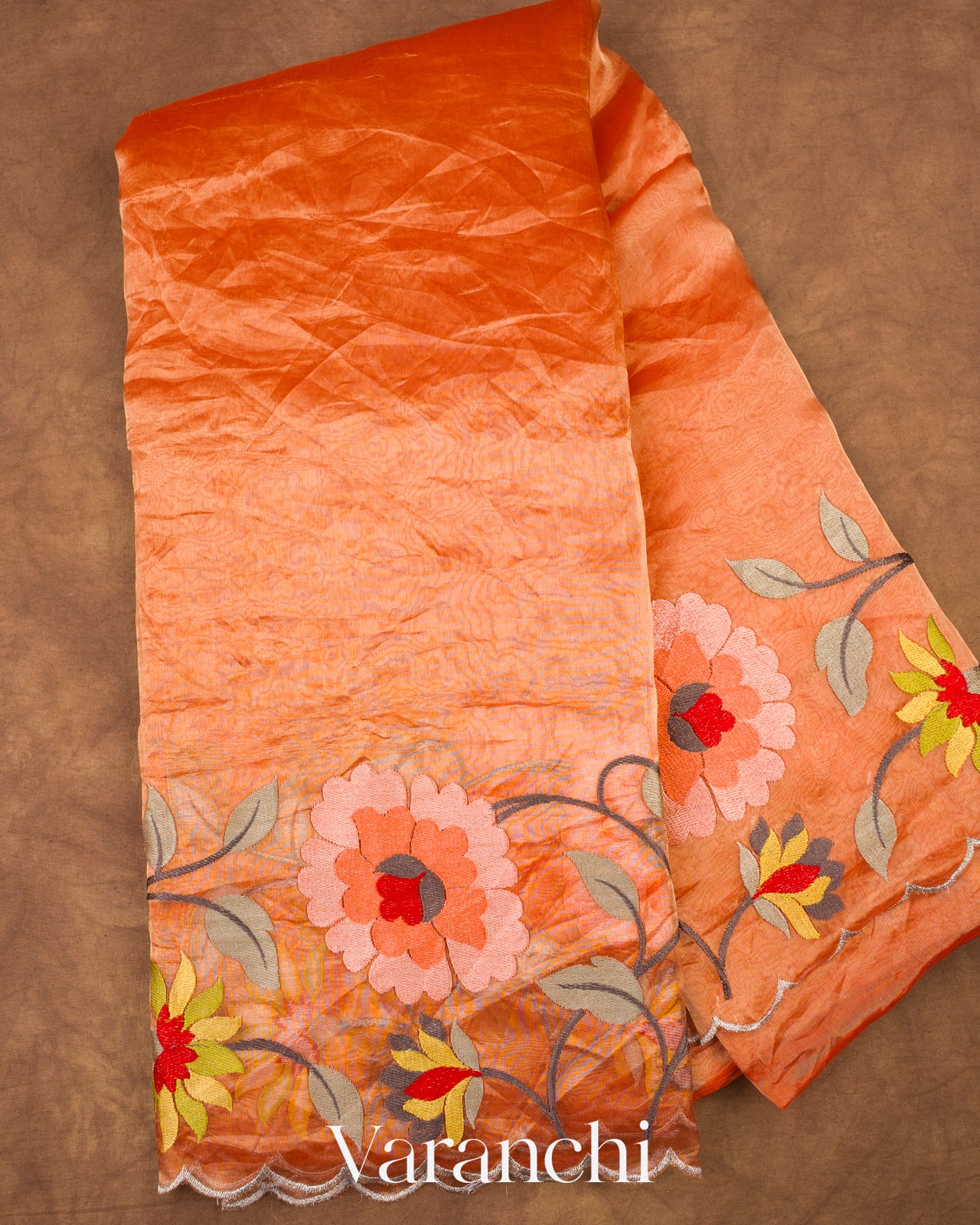 Rust Orange Floral Embroidered Pure Tissue Kora Silk Saree