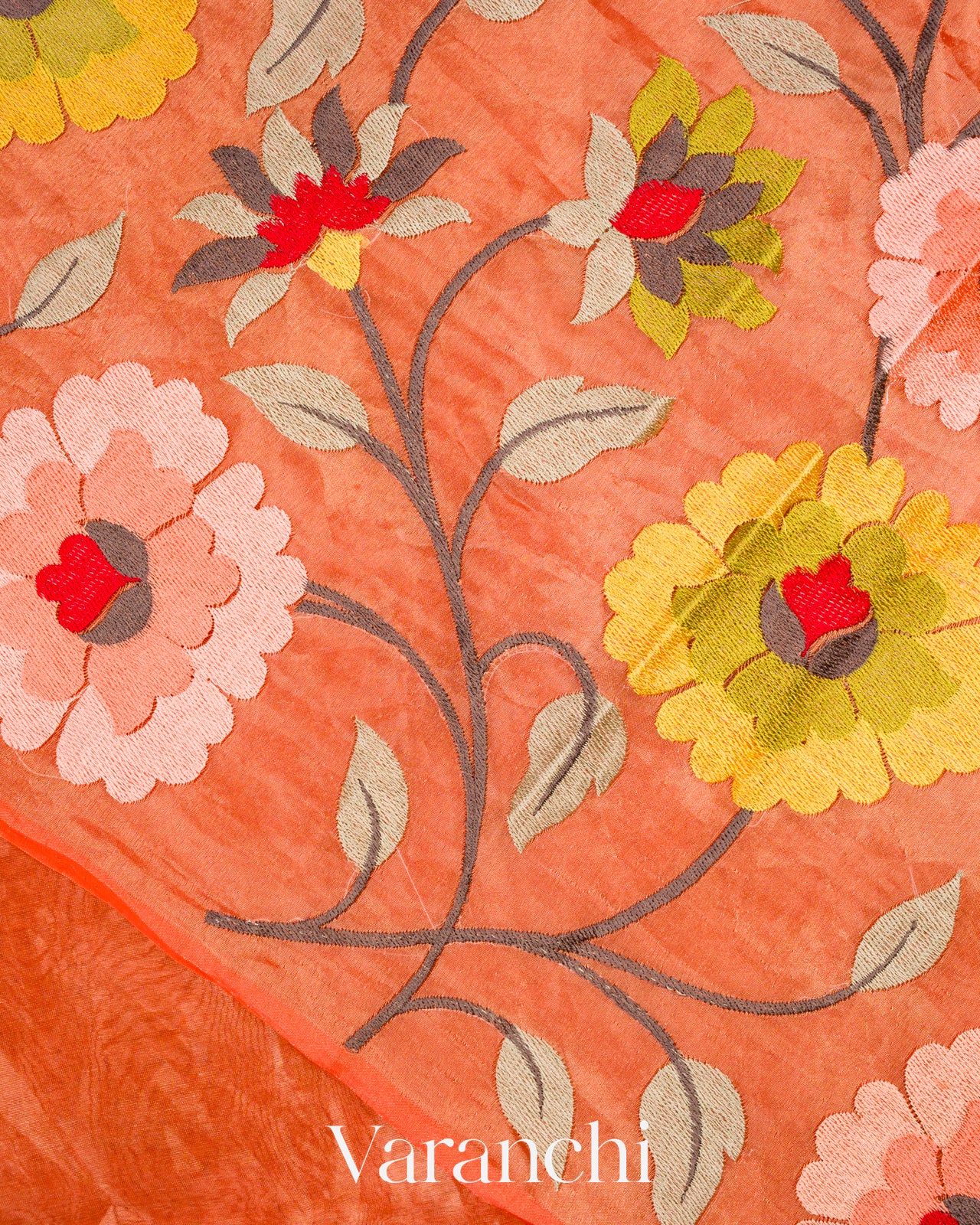 Rust Orange Floral Embroidered Pure Tissue Kora Silk Saree