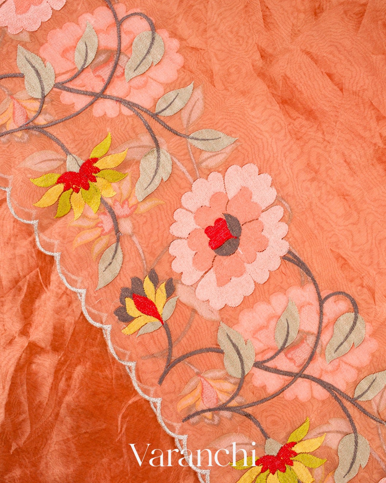 Rust Orange Floral Embroidered Pure Tissue Kora Silk Saree