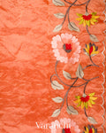 Rust Orange Floral Embroidered Pure Tissue Kora Silk Saree
