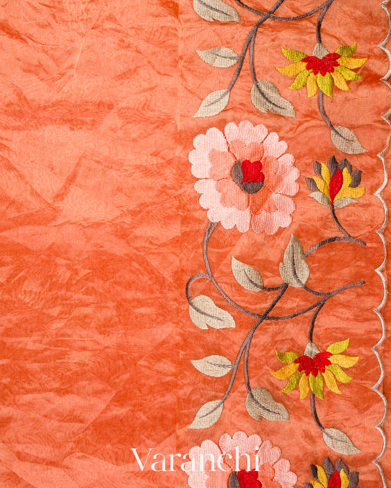 Rust Orange Floral Embroidered Pure Tissue Kora Silk Saree