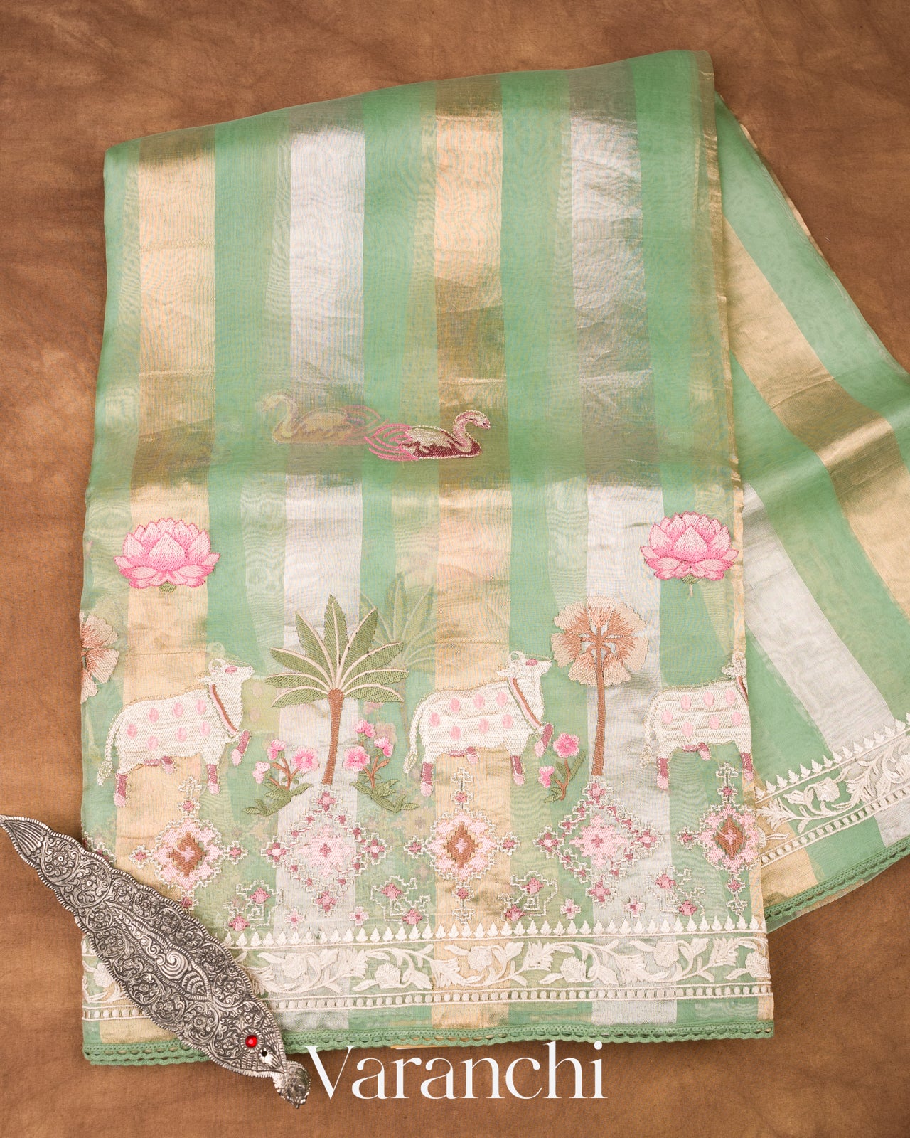 Pistachio Green Pichwai Applique Pure Tissue Kora Silk Saree