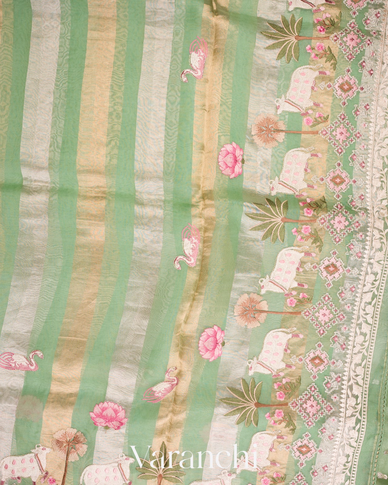 Pistachio Green Pichwai Applique Pure Tissue Kora Silk Saree