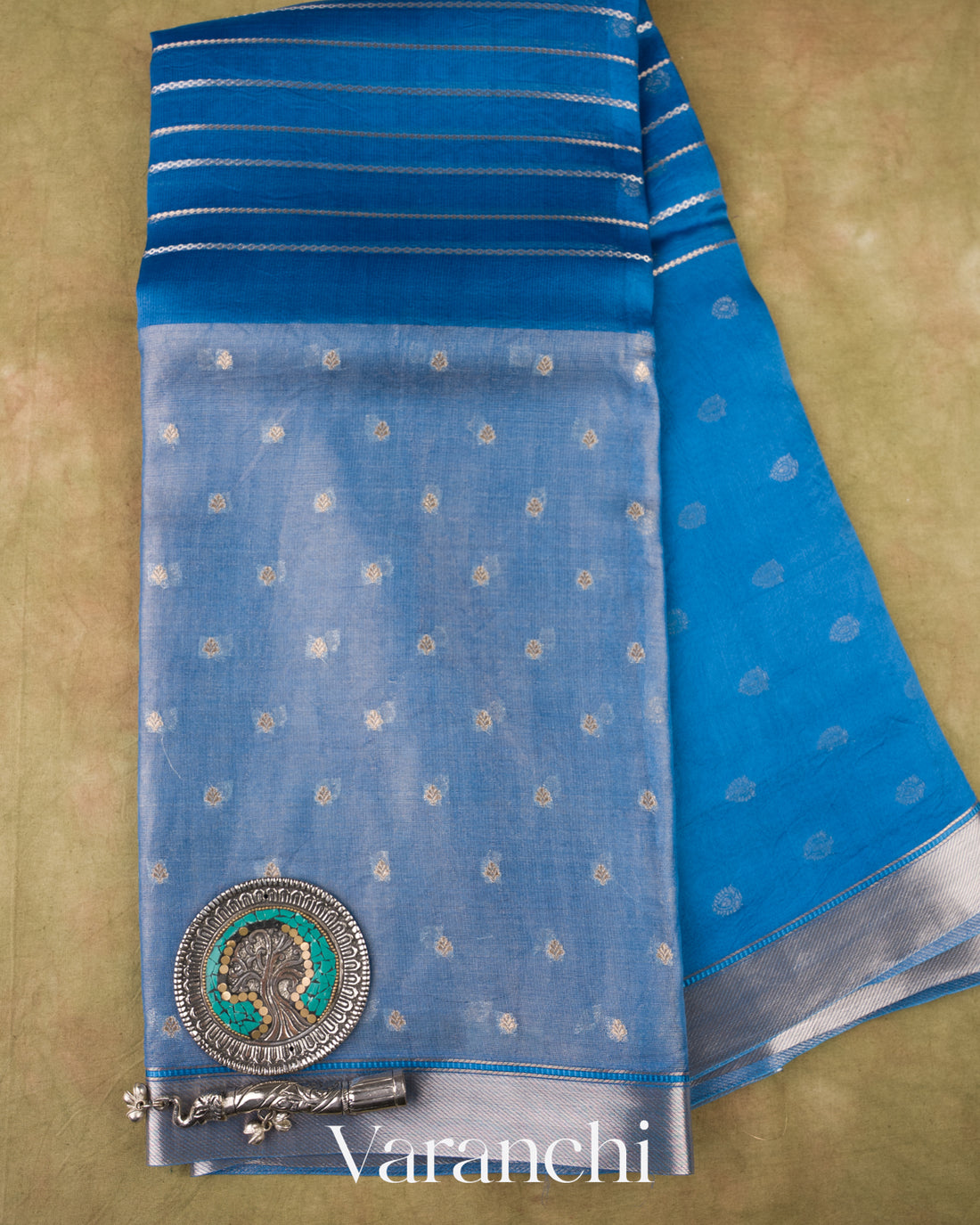 Powder Blue Tissue Pure Kora Silk Saree 