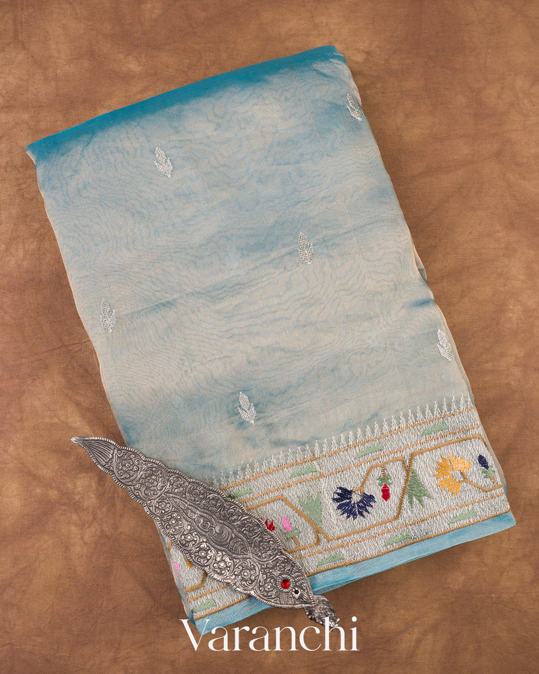 Sky Mist Blue With Paithani Embroidery Pure Crush Tissue Kora Silk Saree     