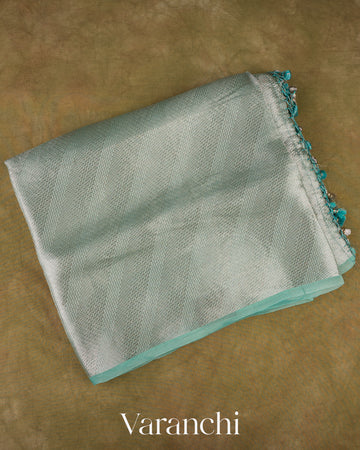 Sea green Lehariya Pure Tissue Kora Silk Saree   
