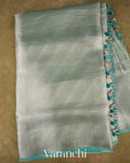 Sea green Lehariya Pure Tissue Kora Silk Saree   
