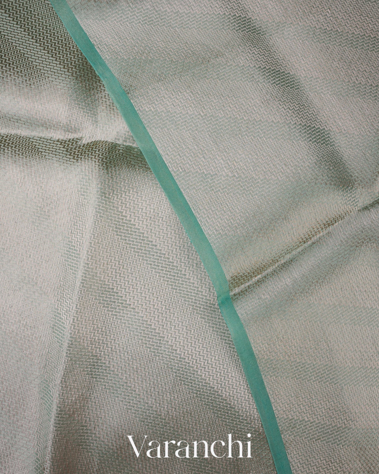 Sea green Lehariya Pure Tissue Kora Silk Saree   