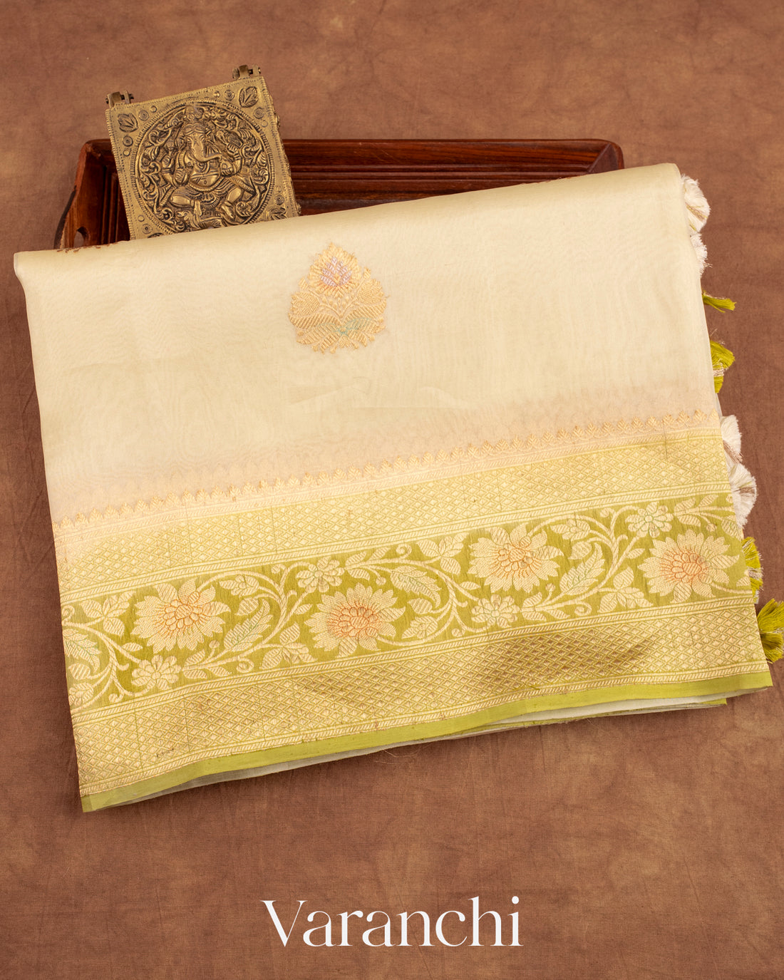 Cream Pure Kora Silk Handloom Saree