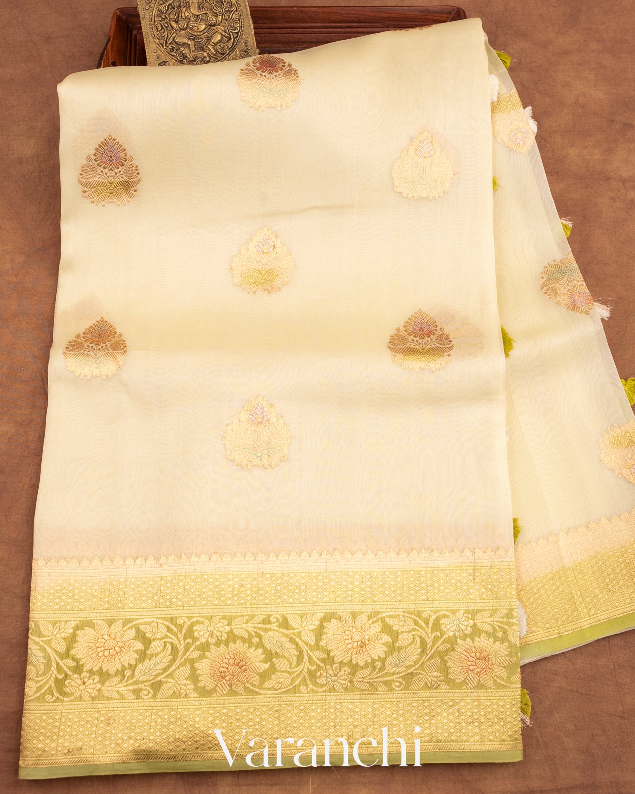 Cream Pure Kora Silk Handloom Saree