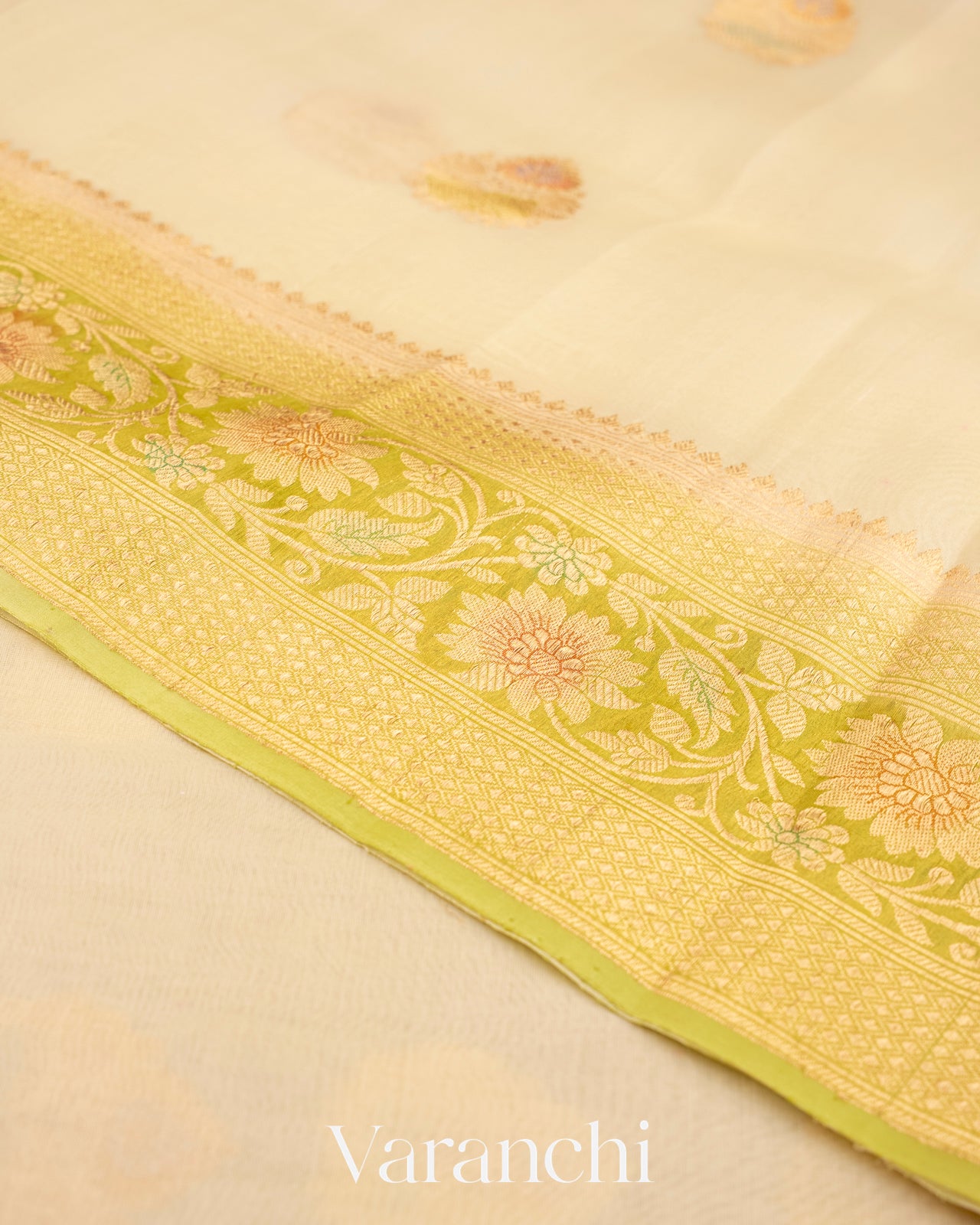 Cream Pure Kora Silk Handloom Saree