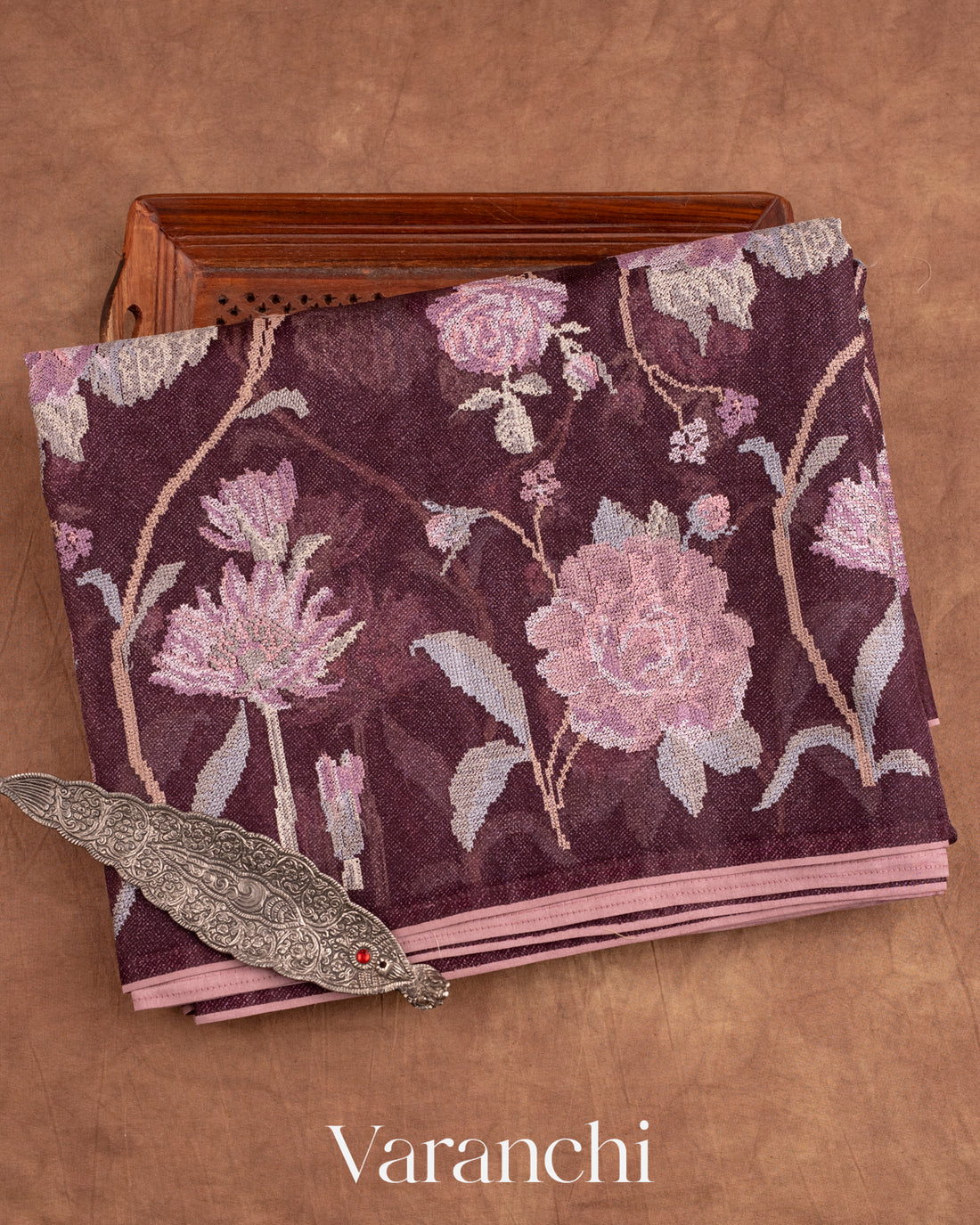 Wine All Over Cross Stitch Embroidery Pure Kora Silk Saree