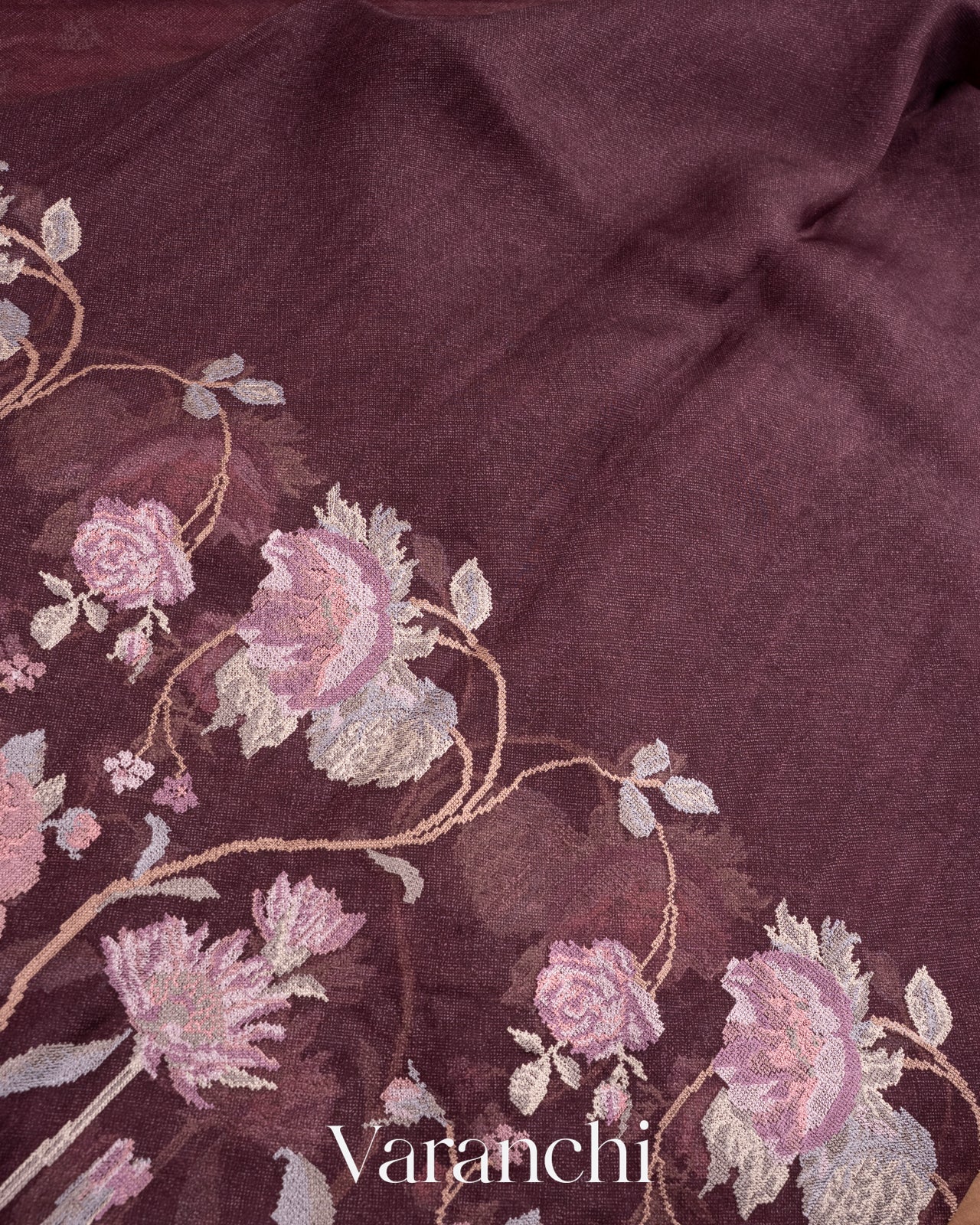 Wine All Over Cross Stitch Embroidery Pure Kora Silk Saree