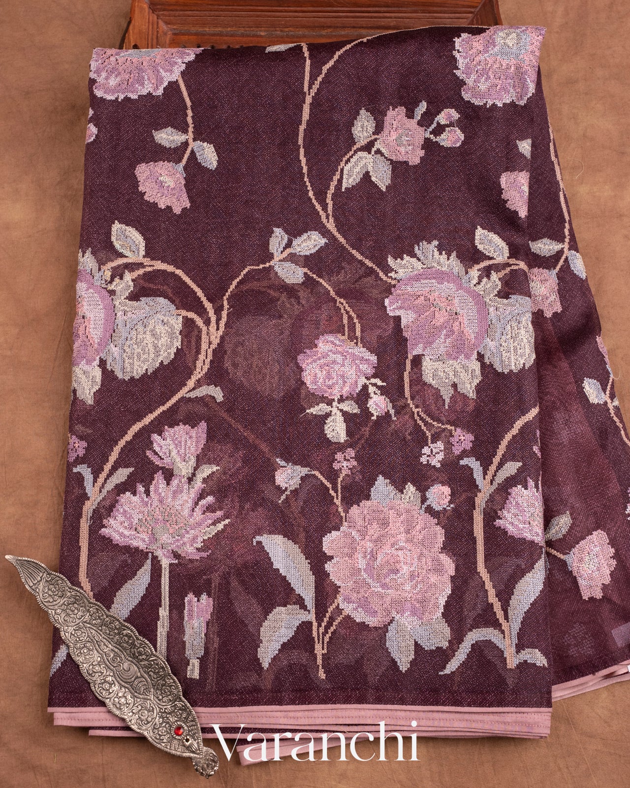 Wine All Over Cross Stitch Embroidery Pure Kora Silk Saree
