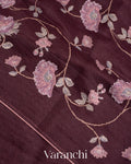 Wine All Over Cross Stitch Embroidery Pure Kora Silk Saree