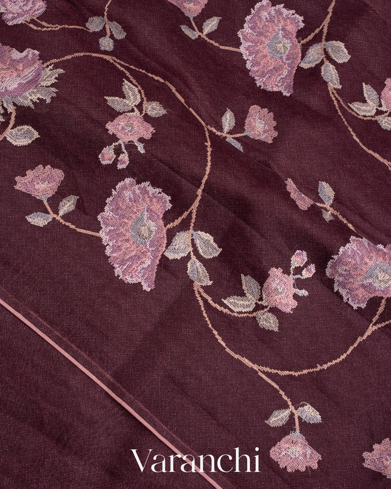 Wine All Over Cross Stitch Embroidery Pure Kora Silk Saree