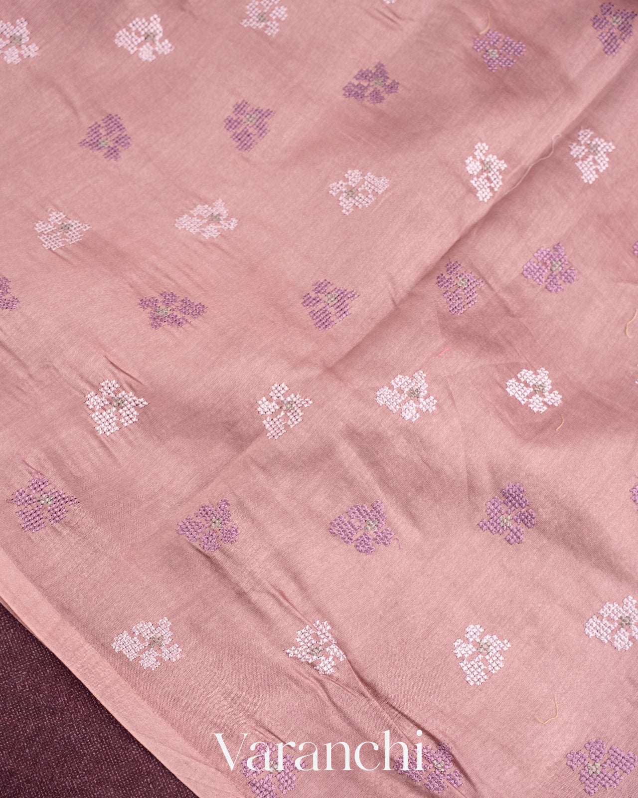 Wine All Over Cross Stitch Embroidery Pure Kora Silk Saree
