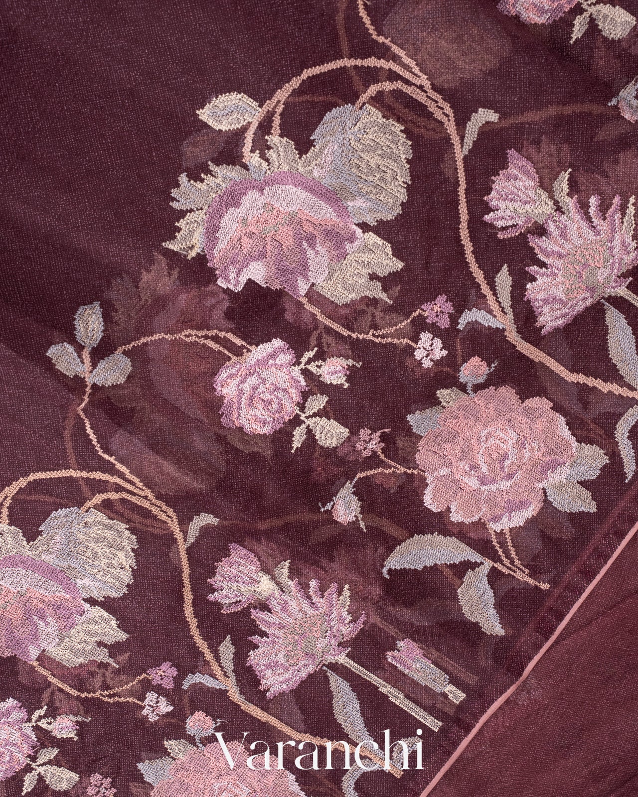 Wine All Over Cross Stitch Embroidery Pure Kora Silk Saree