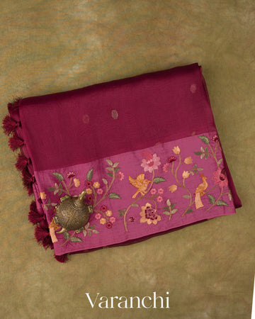 Wine Floral Embroidered Pure Kora Silk Saree