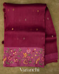 Wine Floral Embroidered Pure Kora Silk Saree
