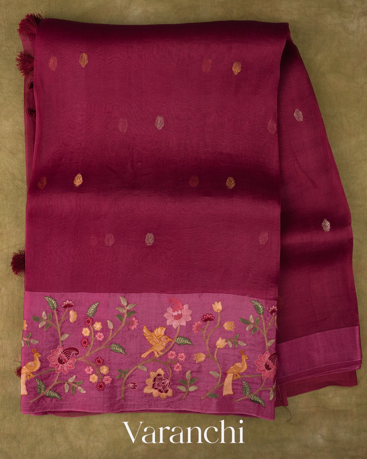 Wine Floral Embroidered Pure Kora Silk Saree