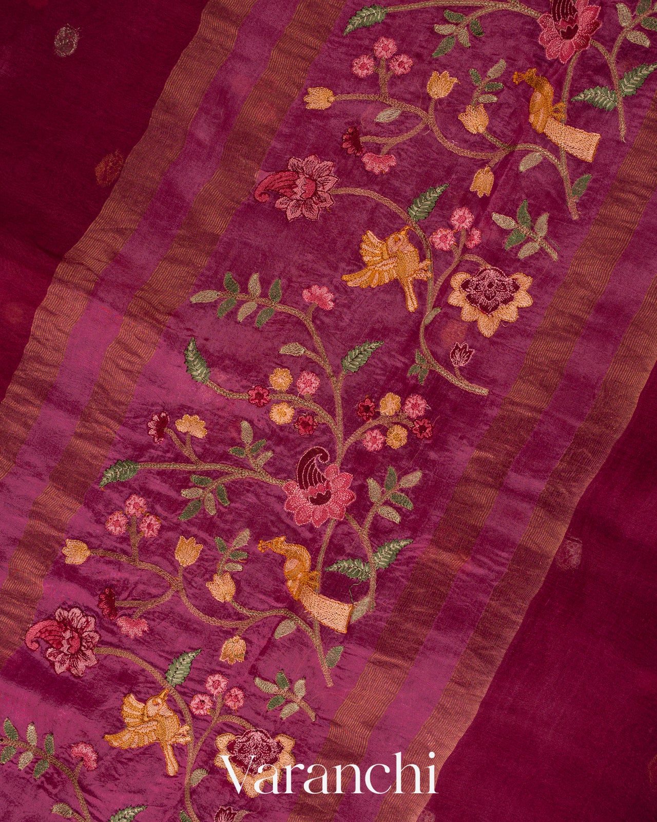 Wine Floral Embroidered Pure Kora Silk Saree