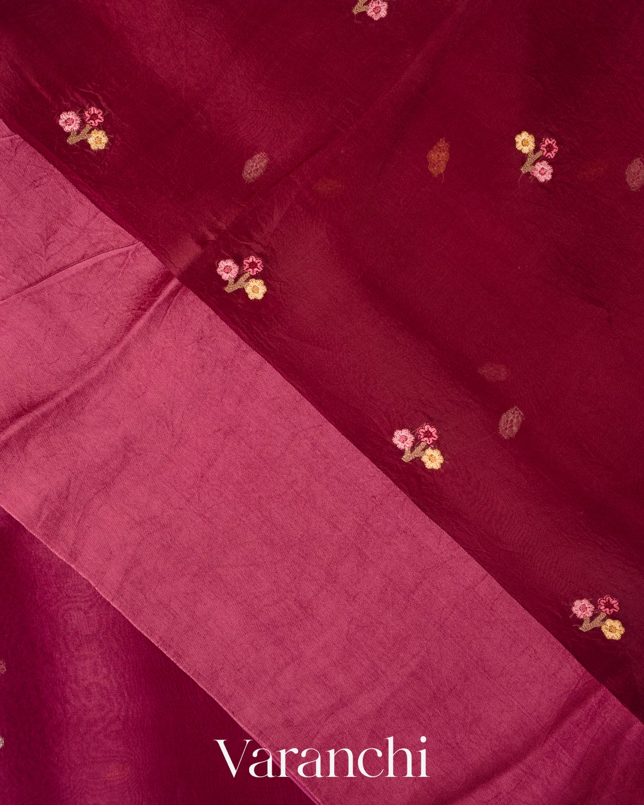 Wine Floral Embroidered Pure Kora Silk Saree