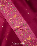 Wine Floral Embroidered Pure Kora Silk Saree
