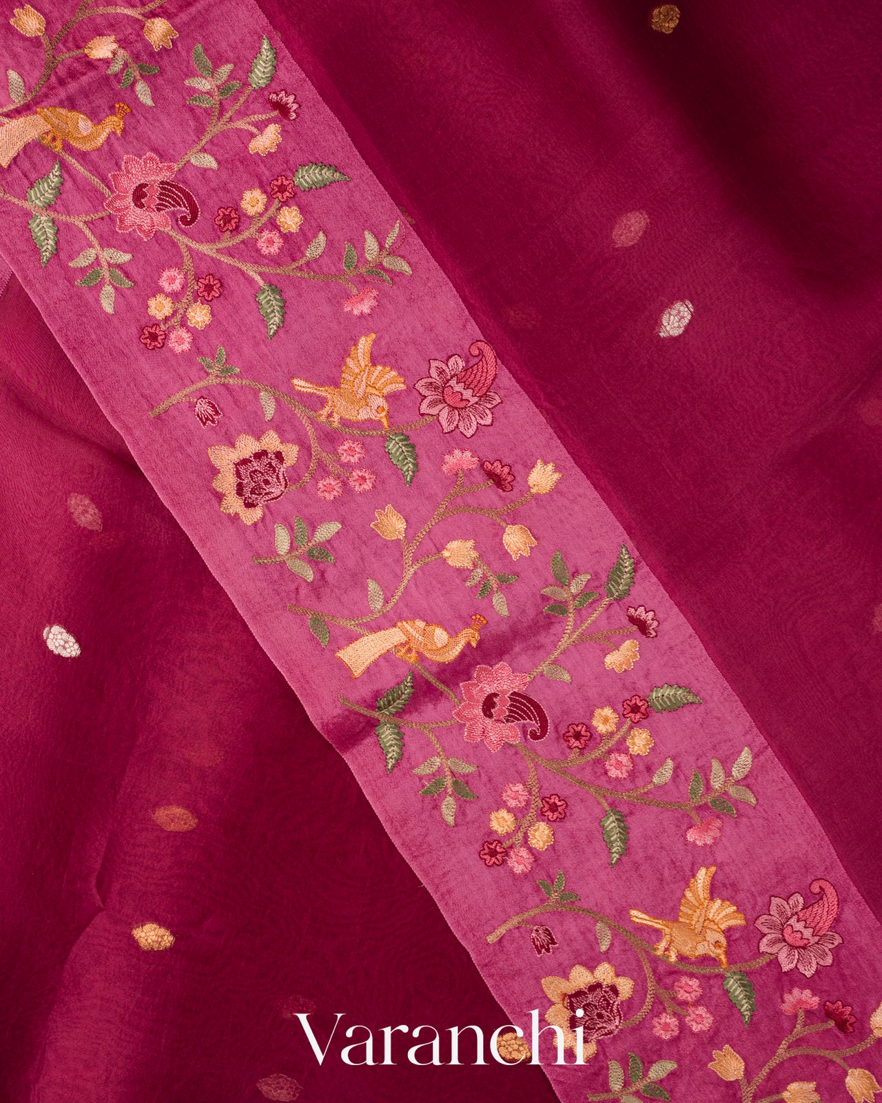 Wine Floral Embroidered Pure Kora Silk Saree