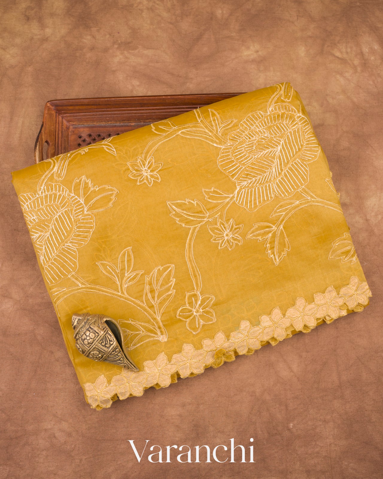 Yellow Embroidered Pure Kora Silk Saree